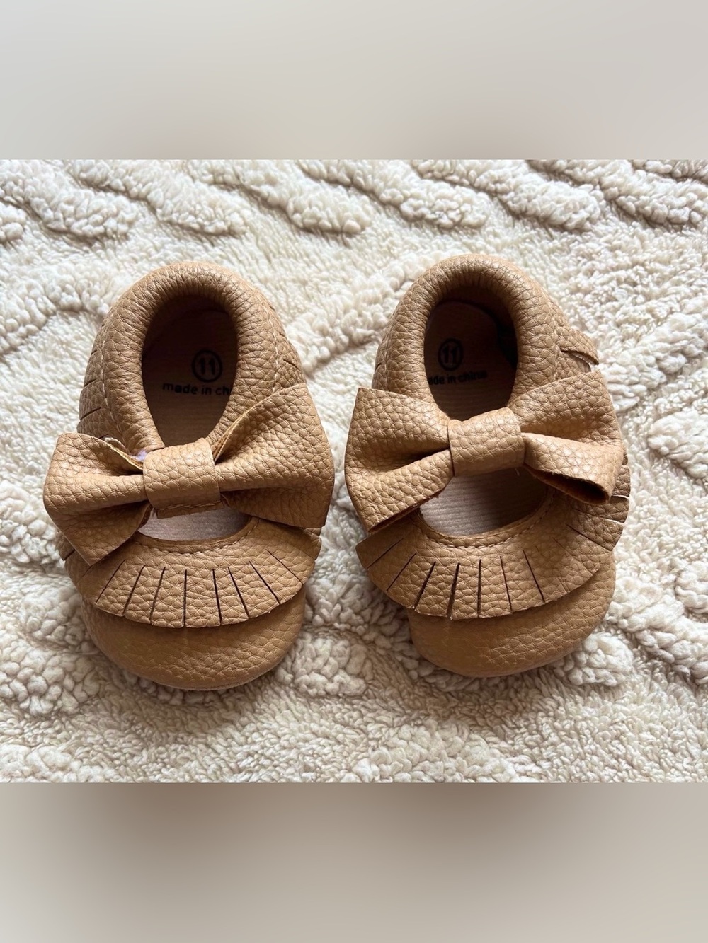 Baby Girl Tan Moccasins W/ Fringe Trim & Bow - Soft Sole Slip On Shoes, Size 2